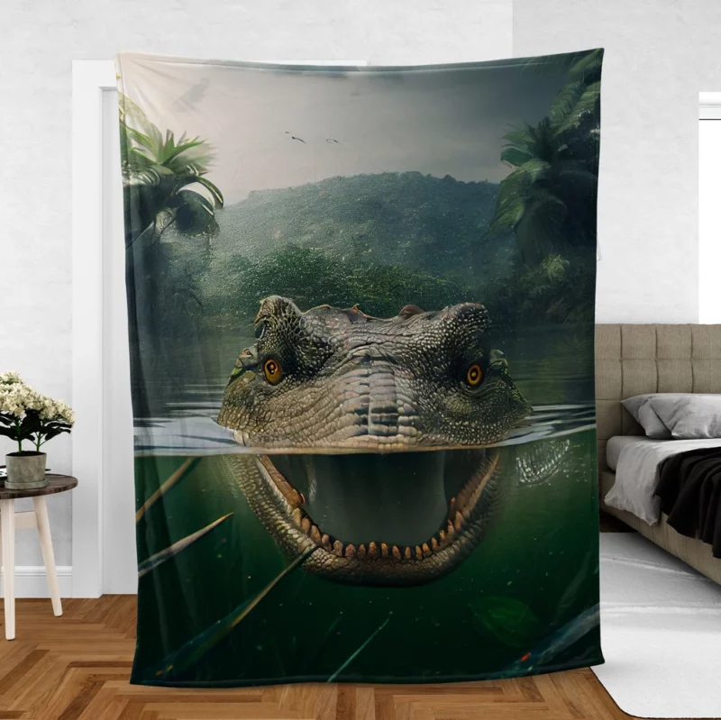 Crocodile in Lake AI Art Fleece Blanket