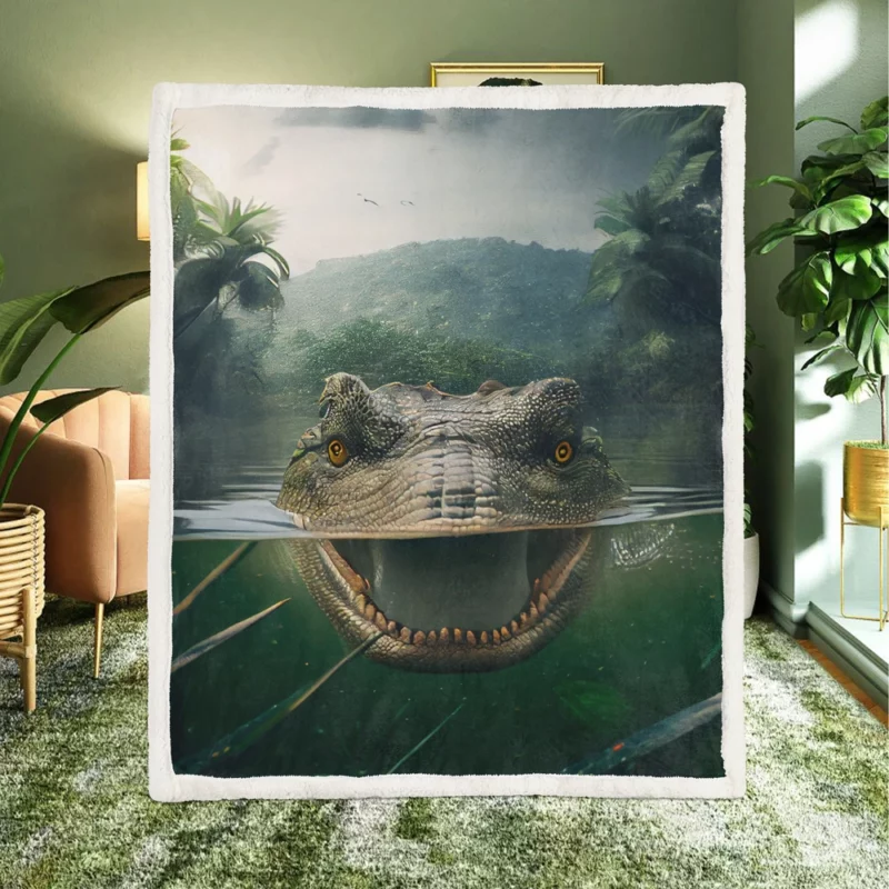 Crocodile in Lake AI Art Sherpa Fleece Blanket