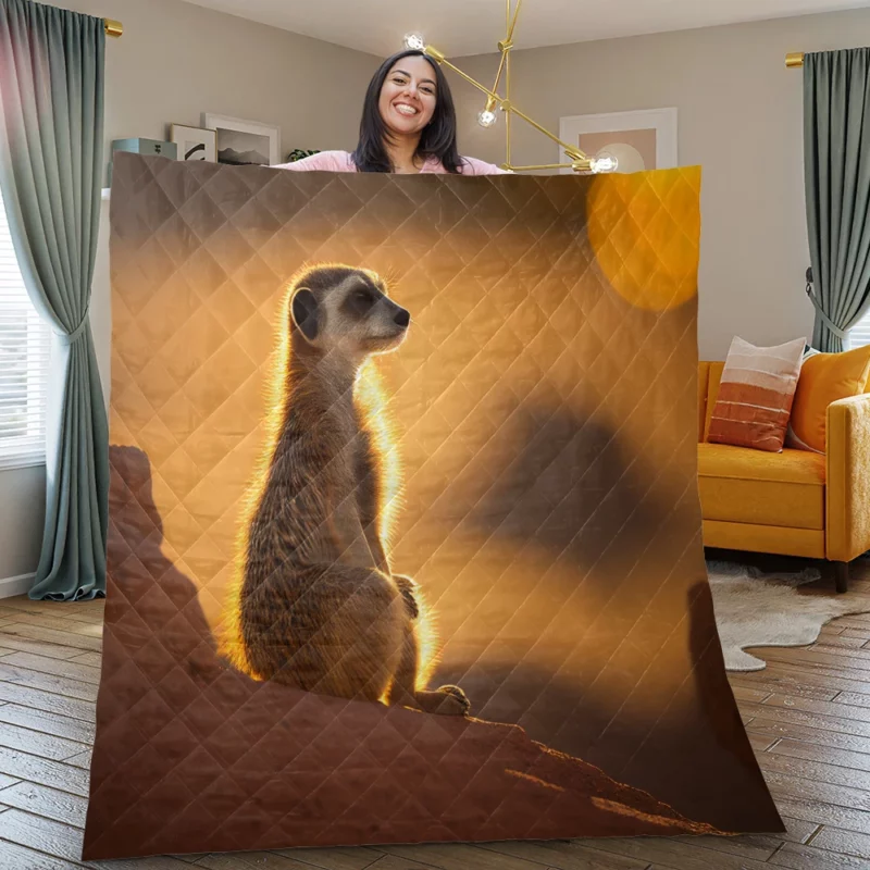 Curious Meerkat Atop Sun-Warmed Rock Quilt Blanket