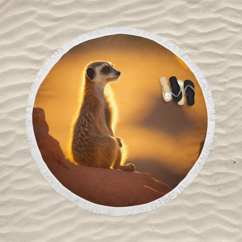 Curious Meerkat Atop Sun-Warmed Rock Round Beach Towel