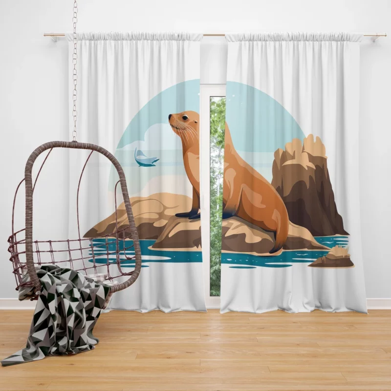 Cute 2D Seal Illustration Window Curtain