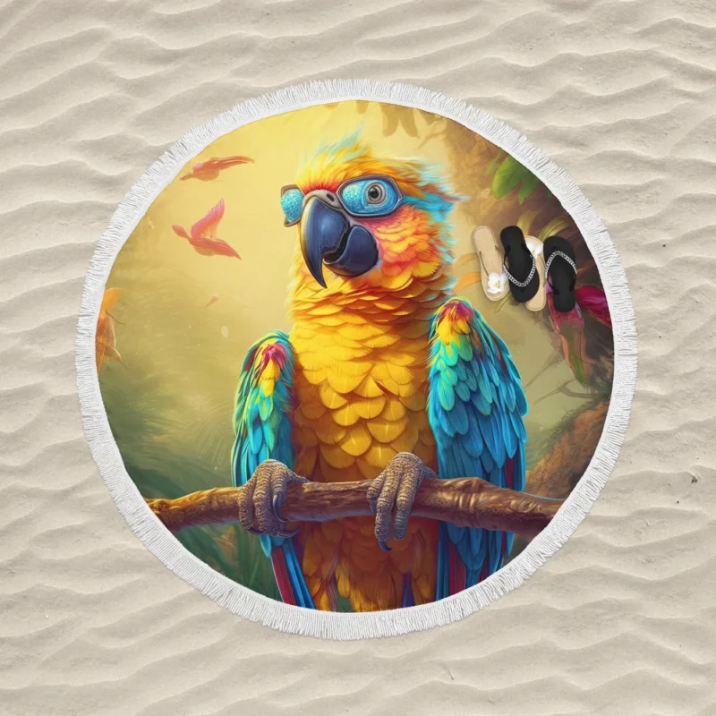 Cute 3D Colorful Macaw Parrot Round Beach Towel