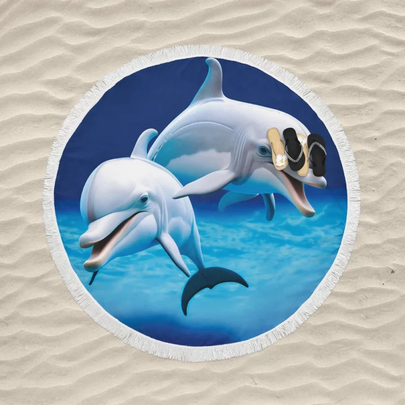 Cute 3D Dolphin Character Round Beach Towel