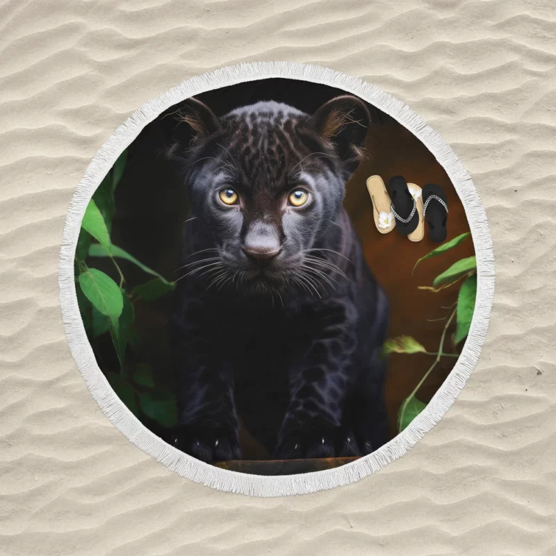 Cute Black Panther Cub Closeup Round Beach Towel