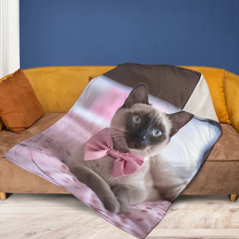 Cute Bow-Wearing Siamese Kitten Fleece Blanket 1