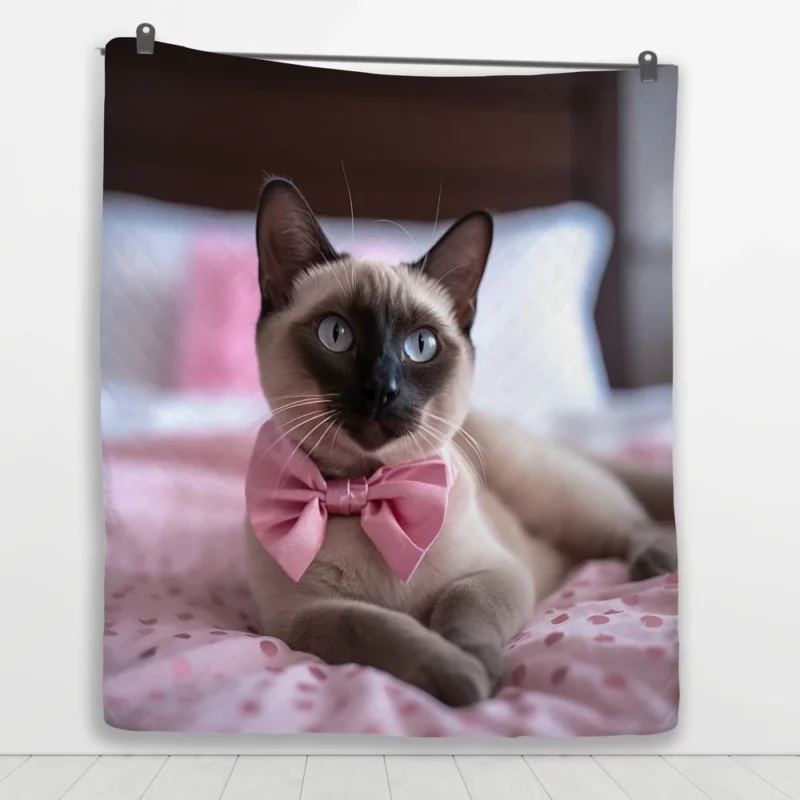 Cute Bow-Wearing Siamese Kitten Quilt Blanket 1