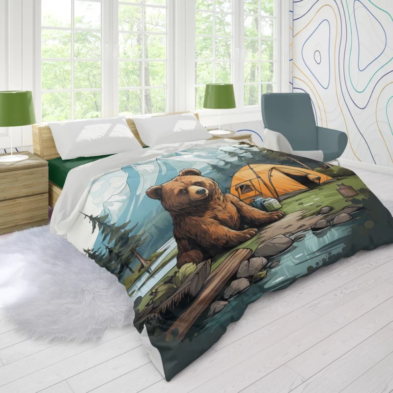 Cute Camping Bear Illustration Duvet Cover