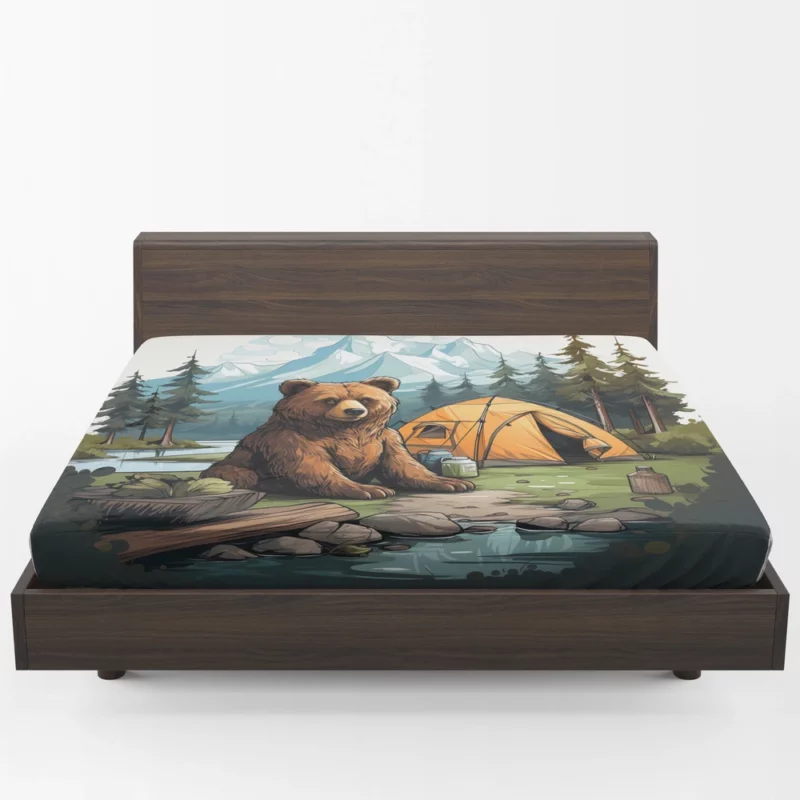 Cute Camping Bear Illustration Fitted Sheet 1