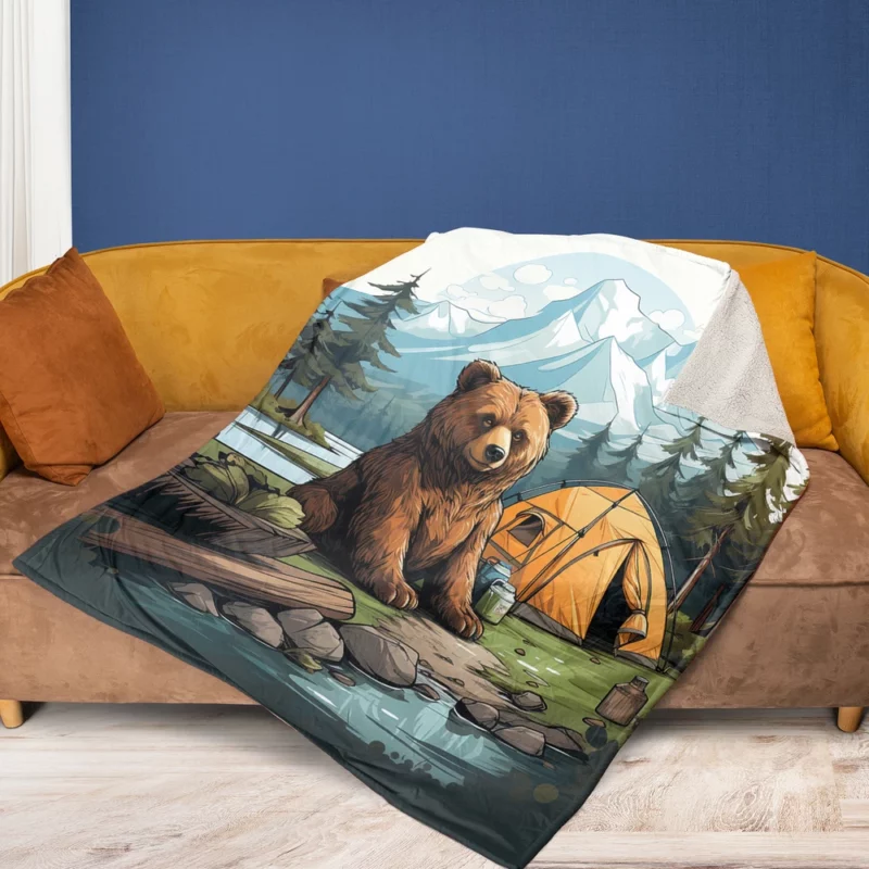 Cute Camping Bear Illustration Fleece Blanket 1