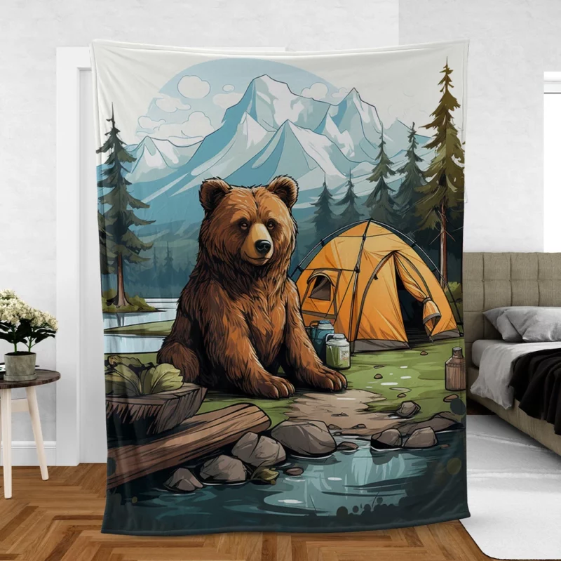 Cute Camping Bear Illustration Fleece Blanket