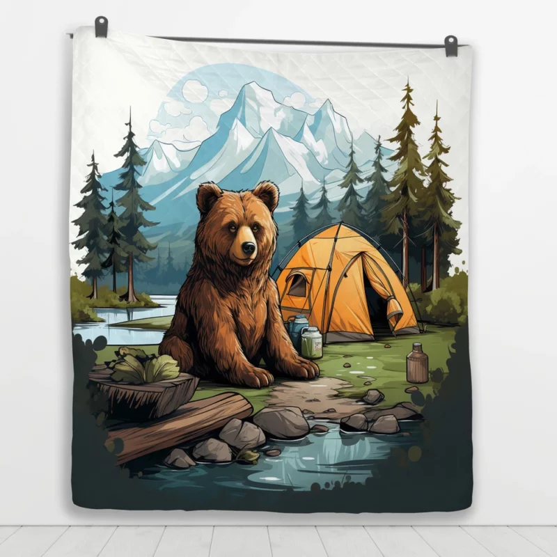 Cute Camping Bear Illustration Quilt Blanket 1