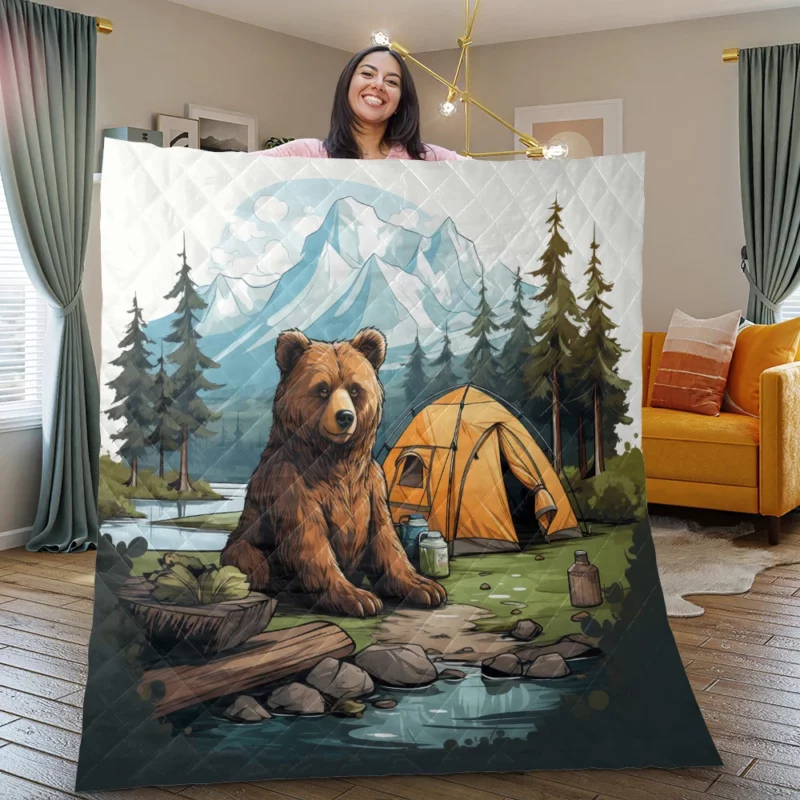 Cute Camping Bear Illustration Quilt Blanket