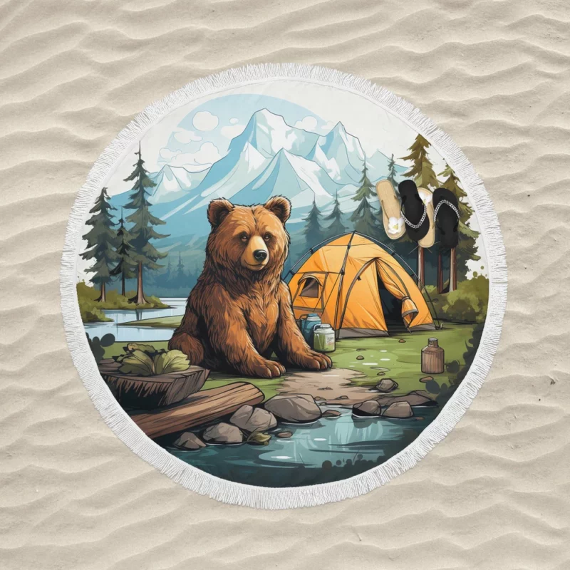 Cute Camping Bear Illustration Round Beach Towel