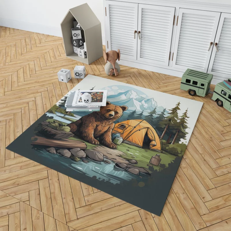 Cute Camping Bear Illustration Rug 1