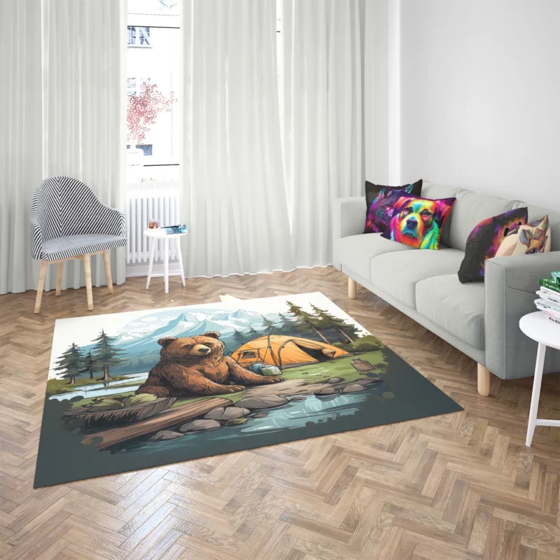 Cute Camping Bear Illustration Rug 2