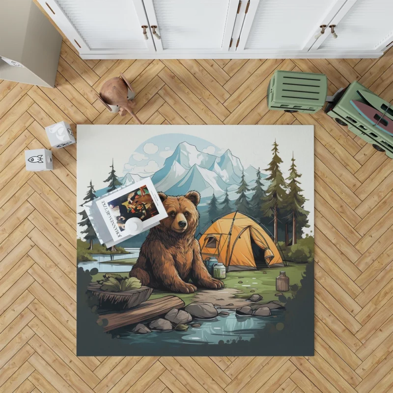 Cute Camping Bear Illustration Rug