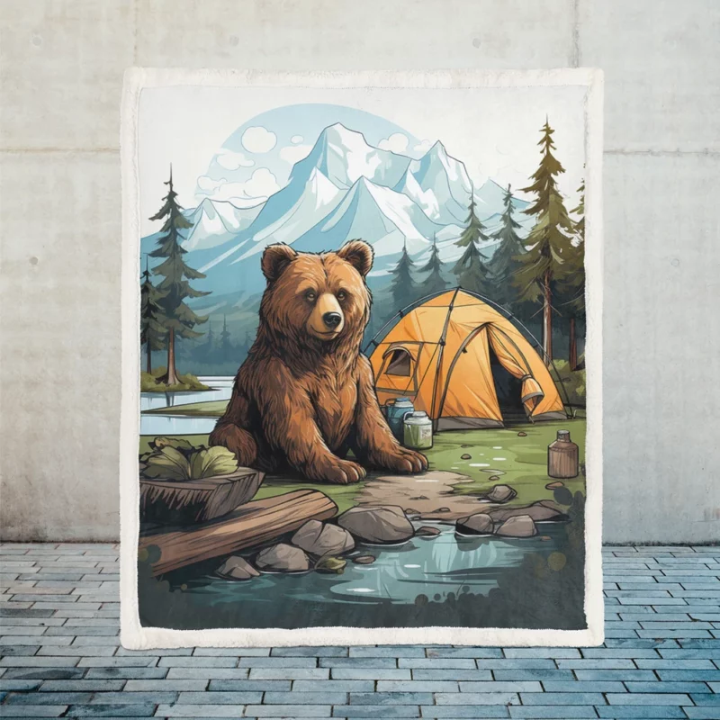 Cute Camping Bear Illustration Sherpa Fleece Blanket