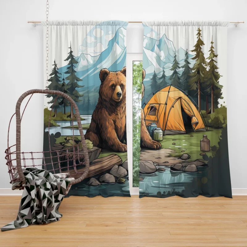 Cute Camping Bear Illustration Window Curtain