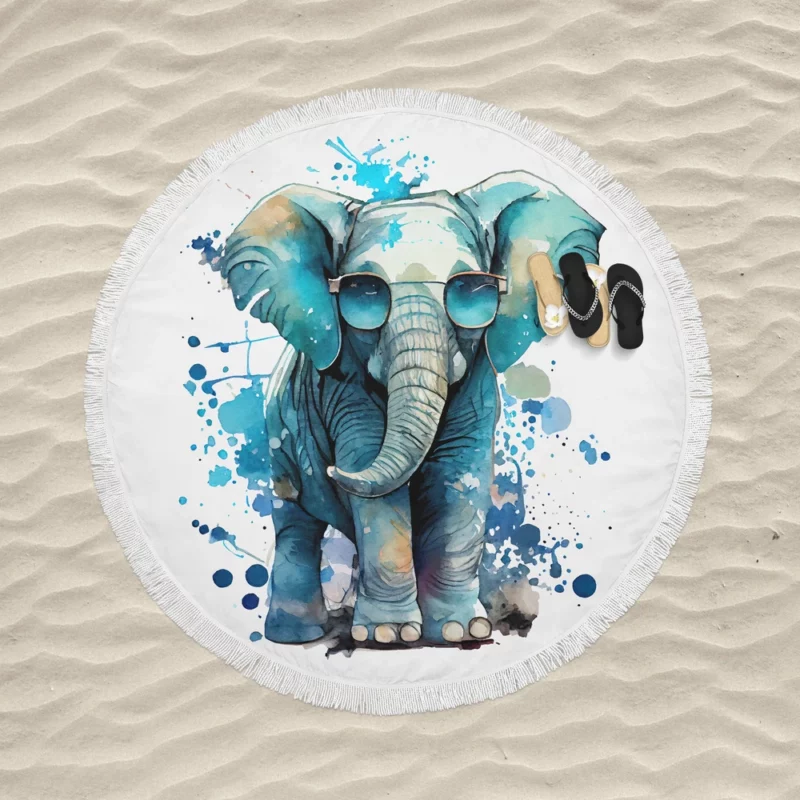 Cute Cartoon Elephant Illustration Round Beach Towel