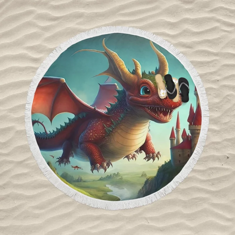 Cute Dragon and Castle Round Beach Towel