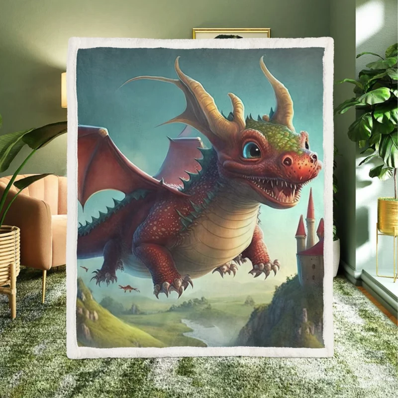 Cute Dragon and Castle Sherpa Fleece Blanket