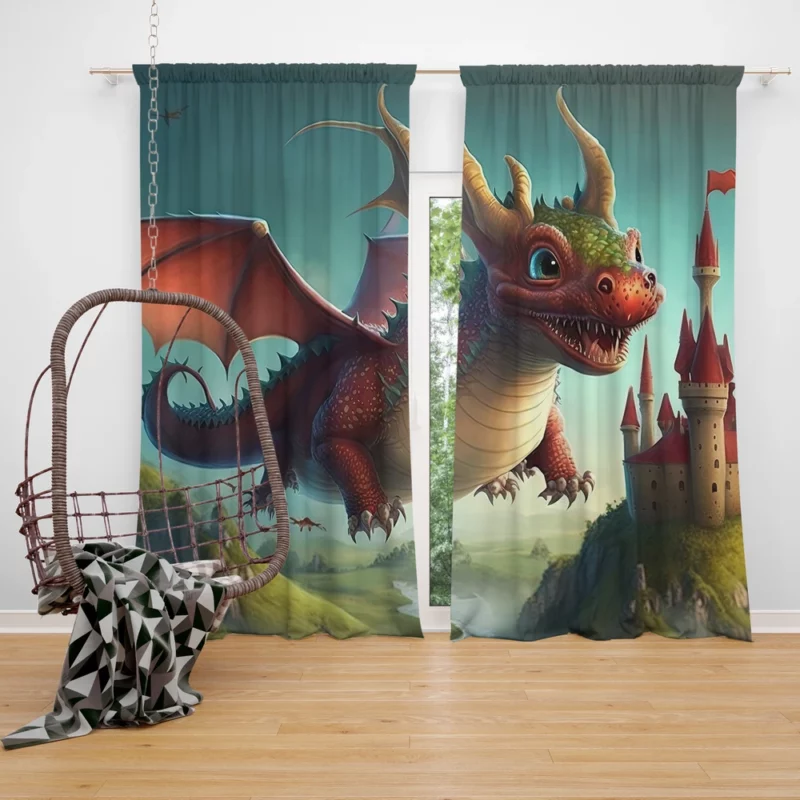 Cute Dragon and Castle Window Curtain