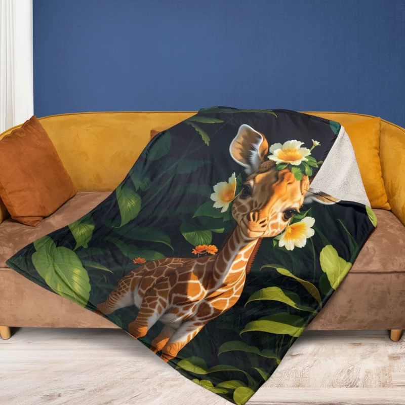 Cute Giraffe in the Forest Fleece Blanket 1