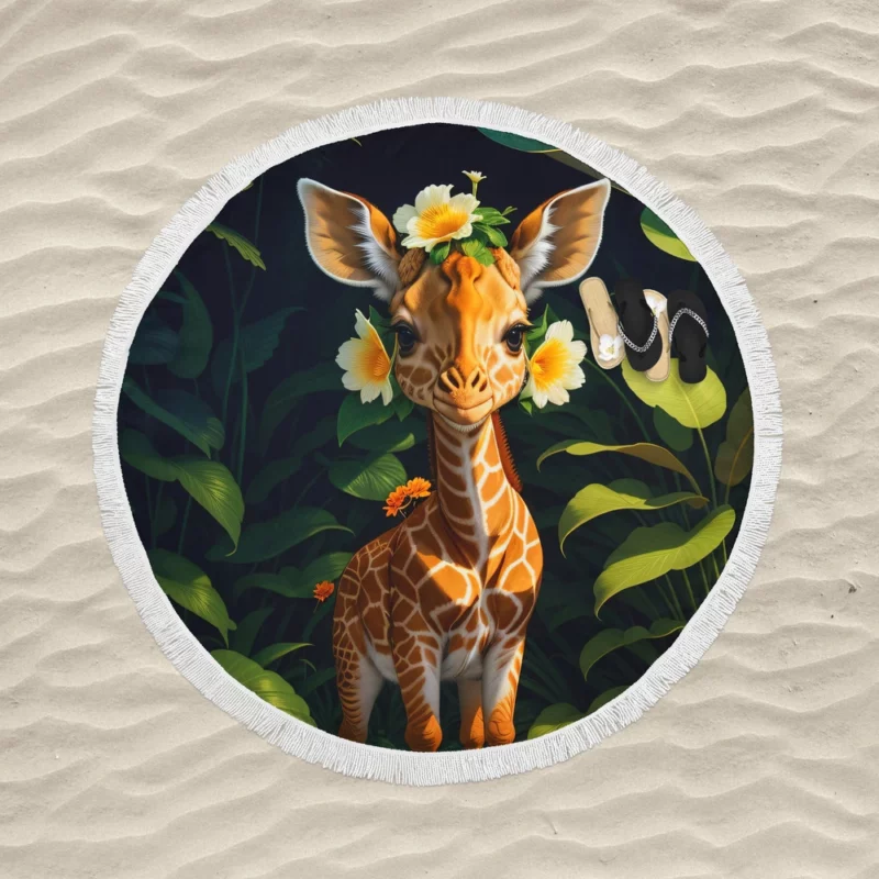 Cute Giraffe in the Forest Round Beach Towel