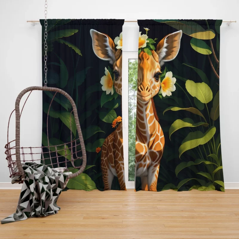 Cute Giraffe in the Forest Window Curtain