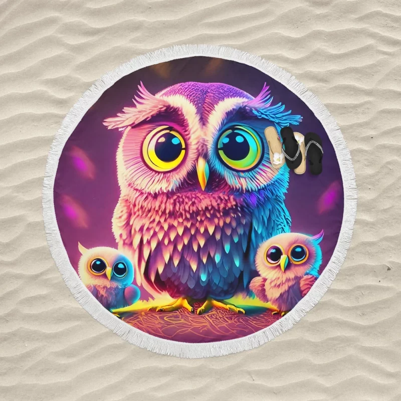 Cute Owl Created by AI Round Beach Towel