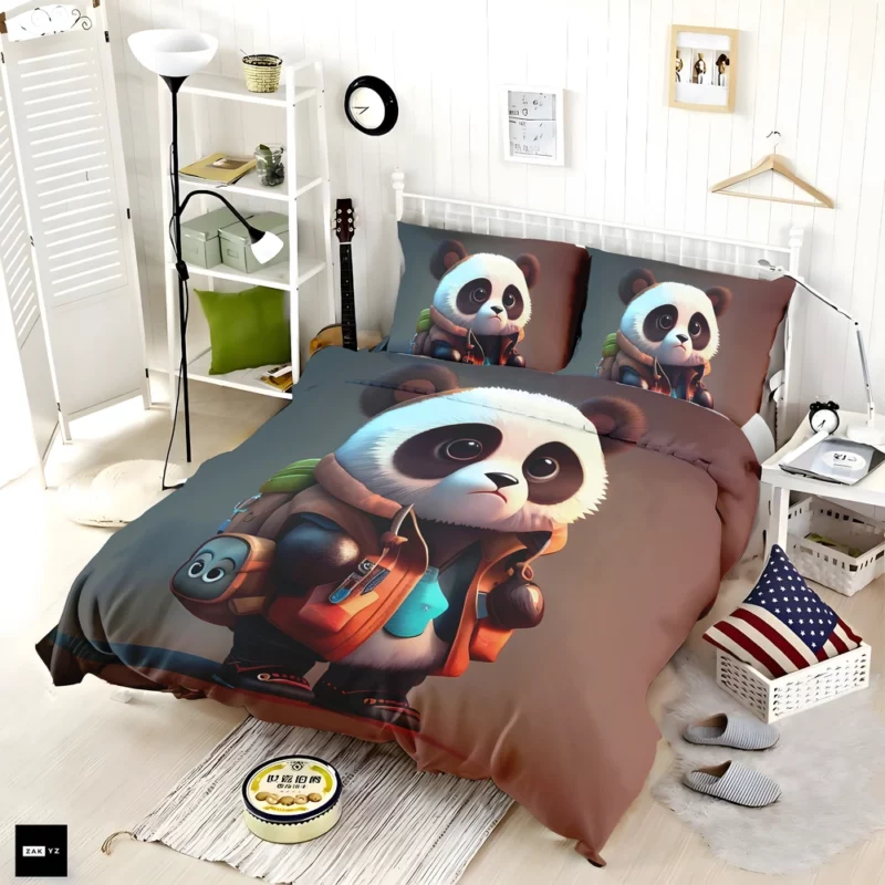 Cute Panda With Backpack Bedding Set