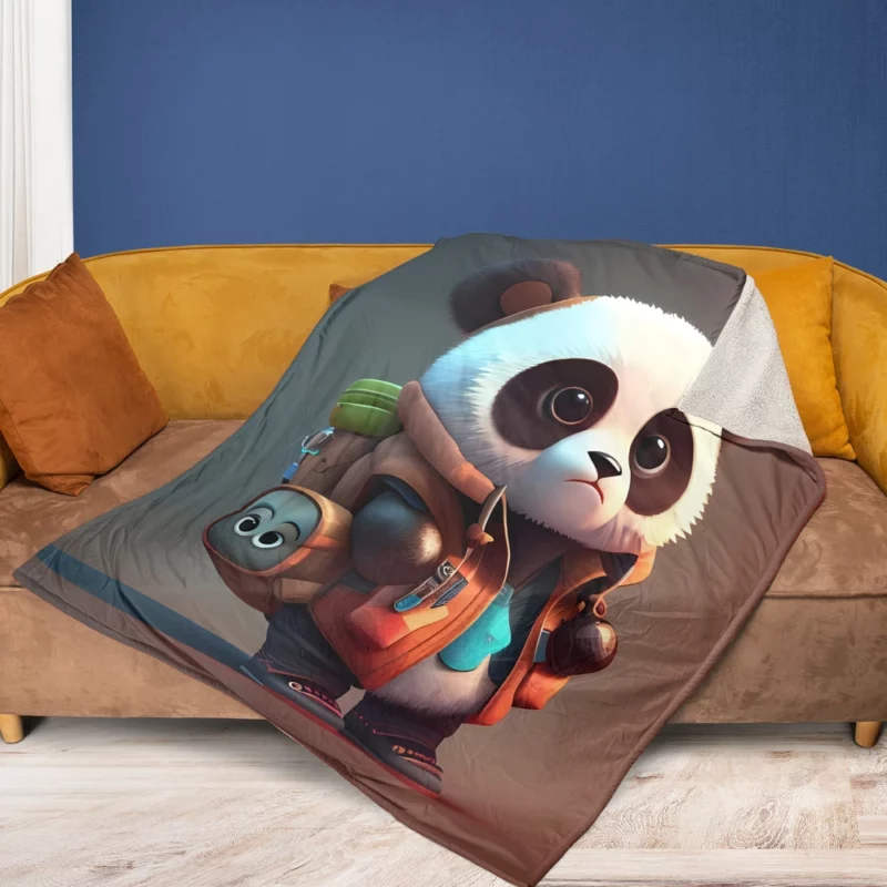 Cute Panda With Backpack Fleece Blanket 1