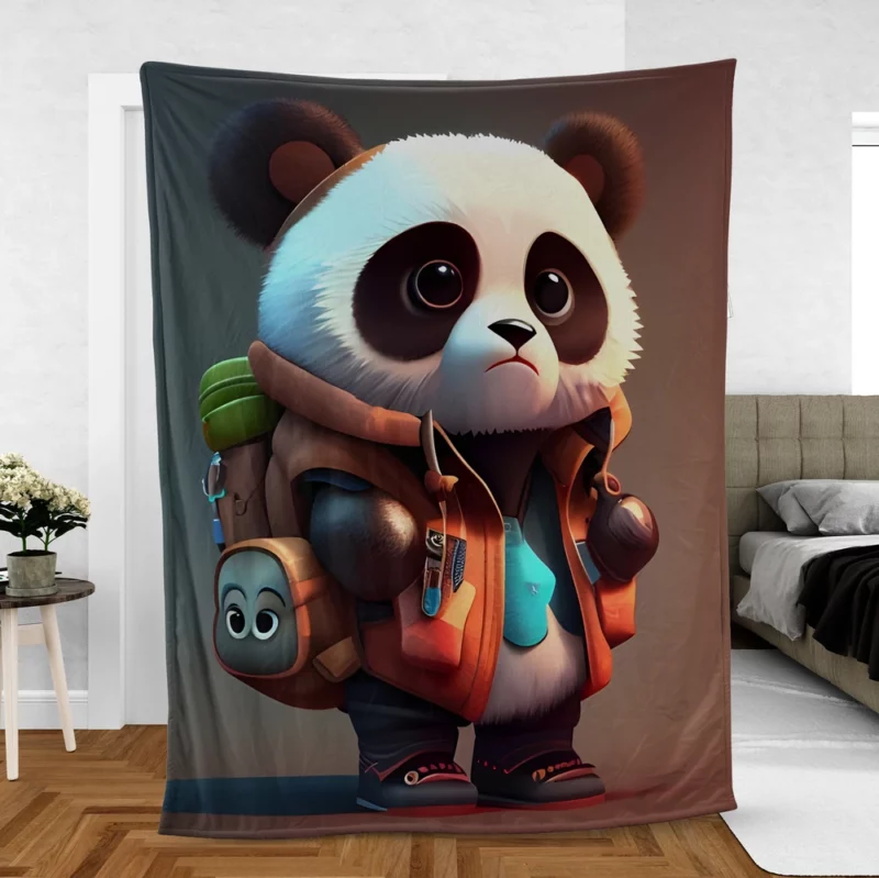 Cute Panda With Backpack Fleece Blanket