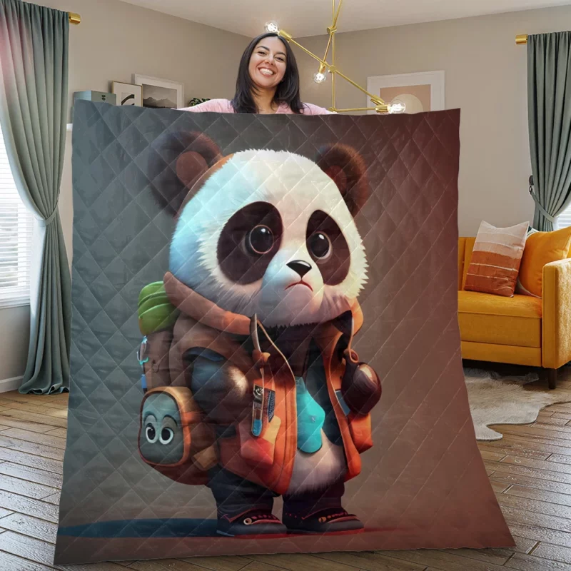 Cute Panda With Backpack Quilt Blanket