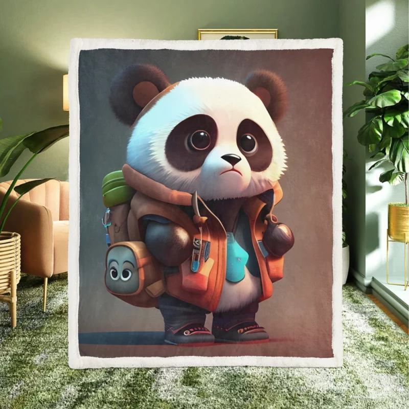 Cute Panda With Backpack Sherpa Fleece Blanket