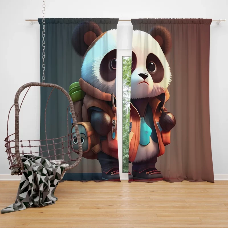 Cute Panda With Backpack Window Curtain