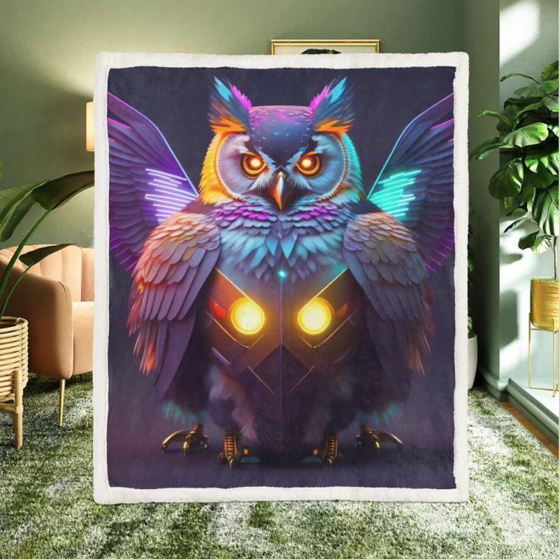 Cyborg Steampunk Owl Art Sherpa Fleece Blanket