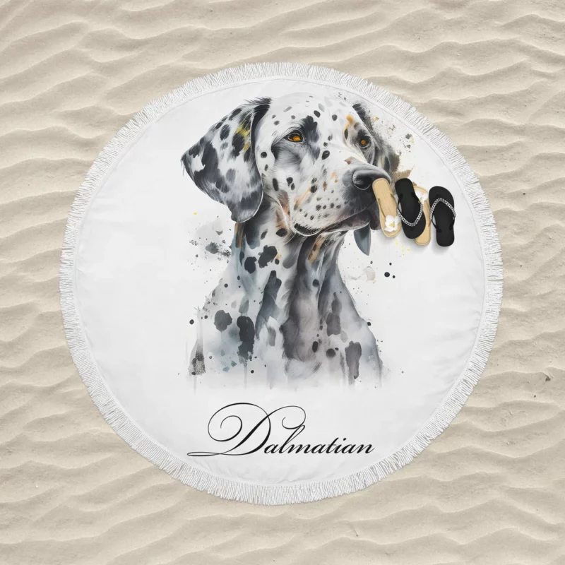 Dalmatian Dog Watercolor Portrait Round Beach Towel