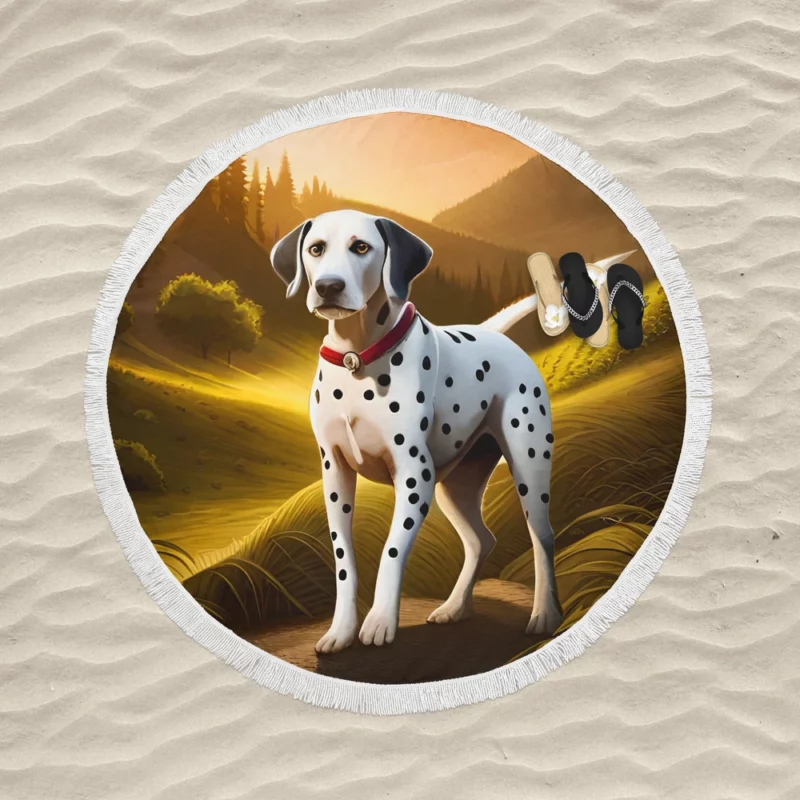 Dalmatian Dog in Mountain Landscape Round Beach Towel