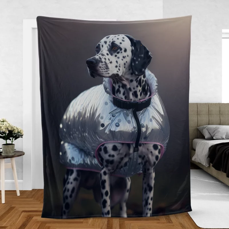 Dalmatian in Raincoat in Leaves Fleece Blanket