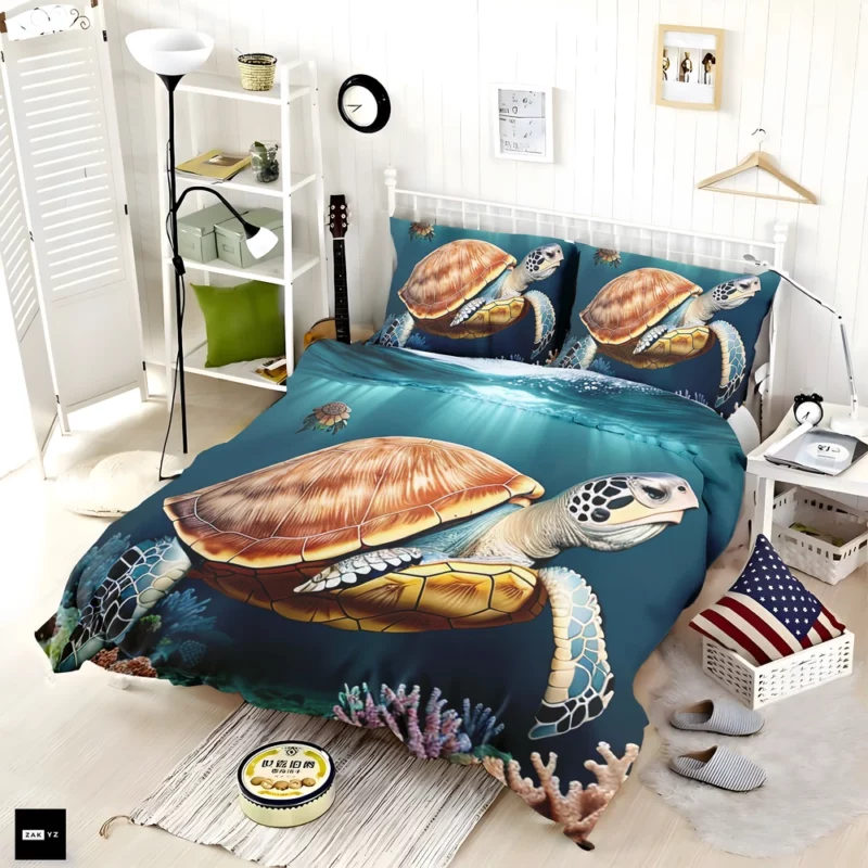 Deep Blue Sea Illustration of Turtles Bedding Set