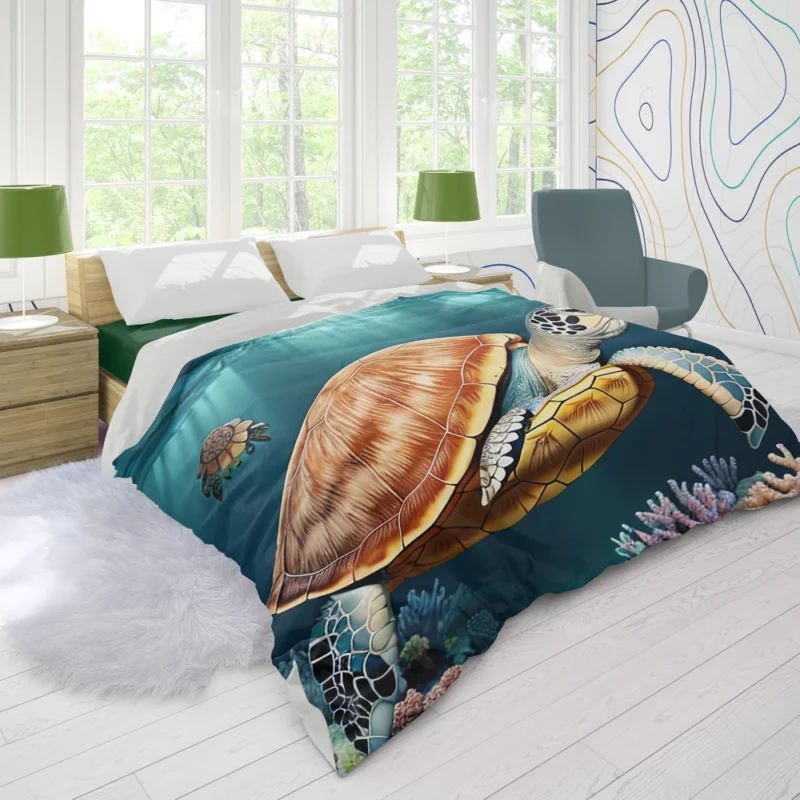 Deep Blue Sea Illustration of Turtles Duvet Cover