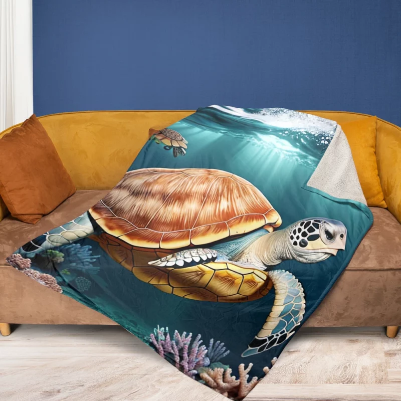 Deep Blue Sea Illustration of Turtles Fleece Blanket 1