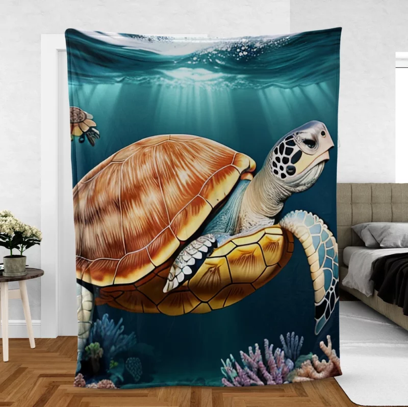 Deep Blue Sea Illustration of Turtles Fleece Blanket