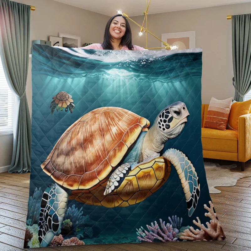 Deep Blue Sea Illustration of Turtles Quilt Blanket