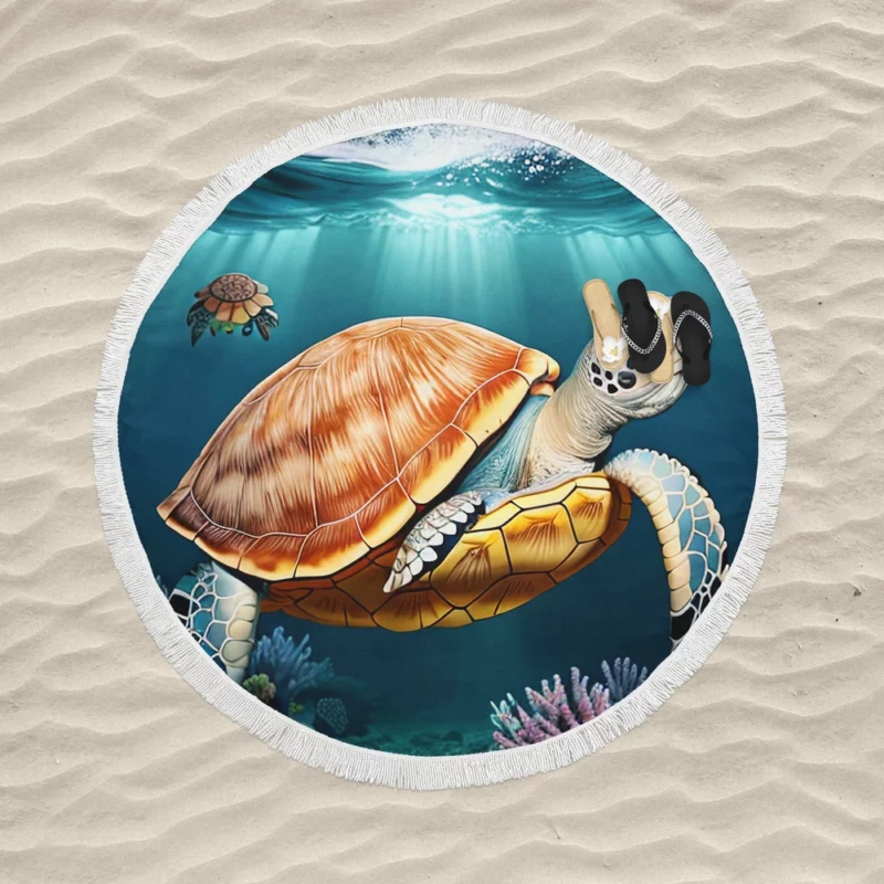 Deep Blue Sea Illustration of Turtles Round Beach Towel