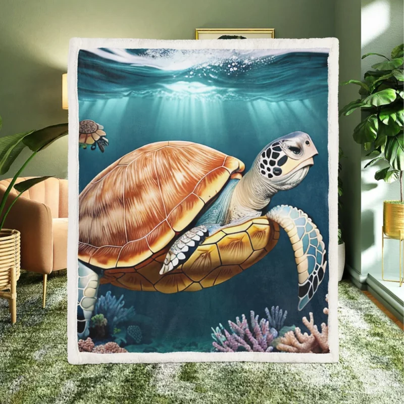 Deep Blue Sea Illustration of Turtles Sherpa Fleece Blanket