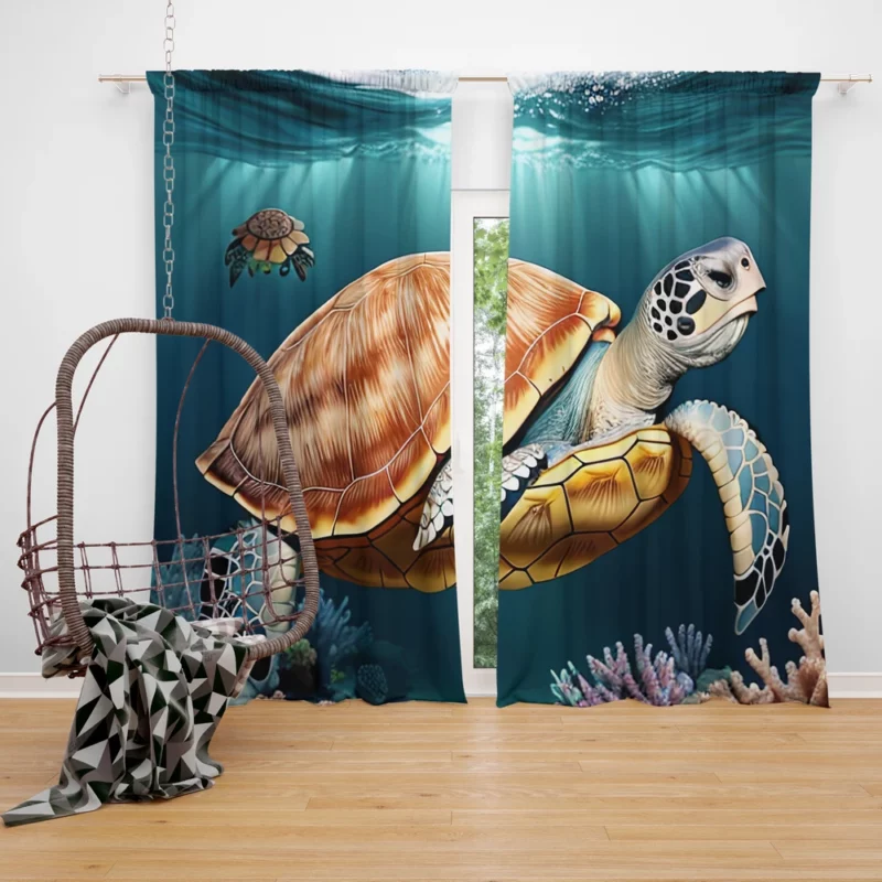 Deep Blue Sea Illustration of Turtles Window Curtain