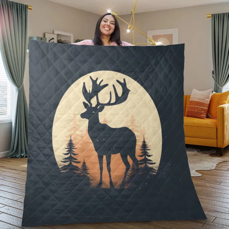 Deer in the Dark Woods at Night Quilt Blanket