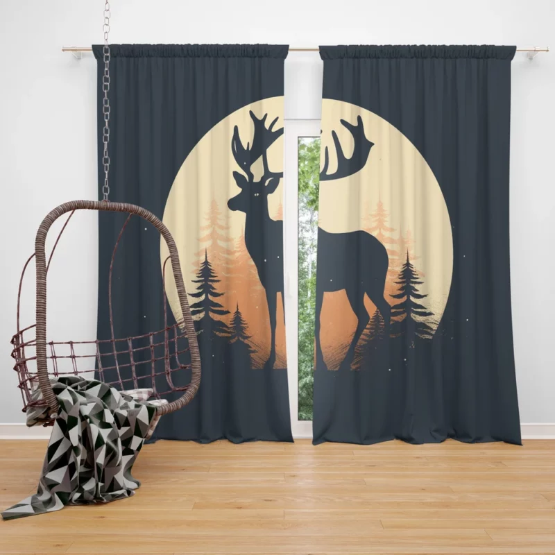 Deer in the Dark Woods at Night Window Curtain